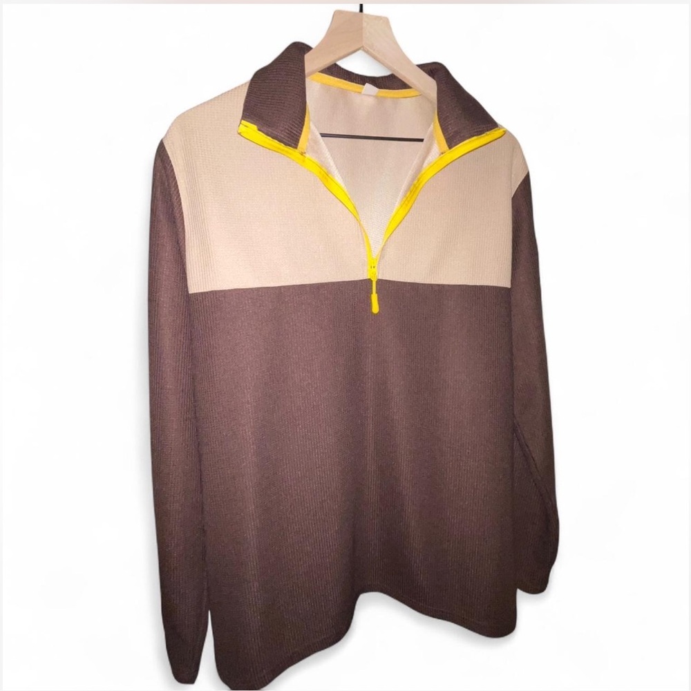 Men's Brown and Cream Zip-Up Sweater with Yellow Trim